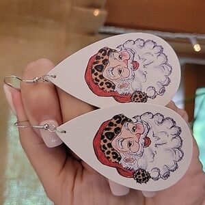Leopard Print Santa Vegan Leather Drop Earrings